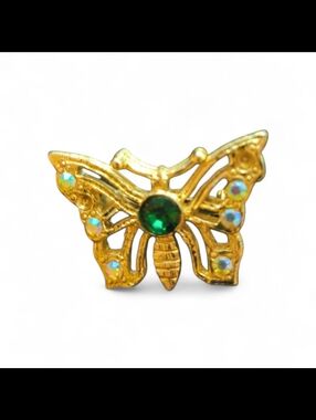 Vintage Gold Tone Butterfly Brooch Green Rhinestone Iridescent Aurora Borealis